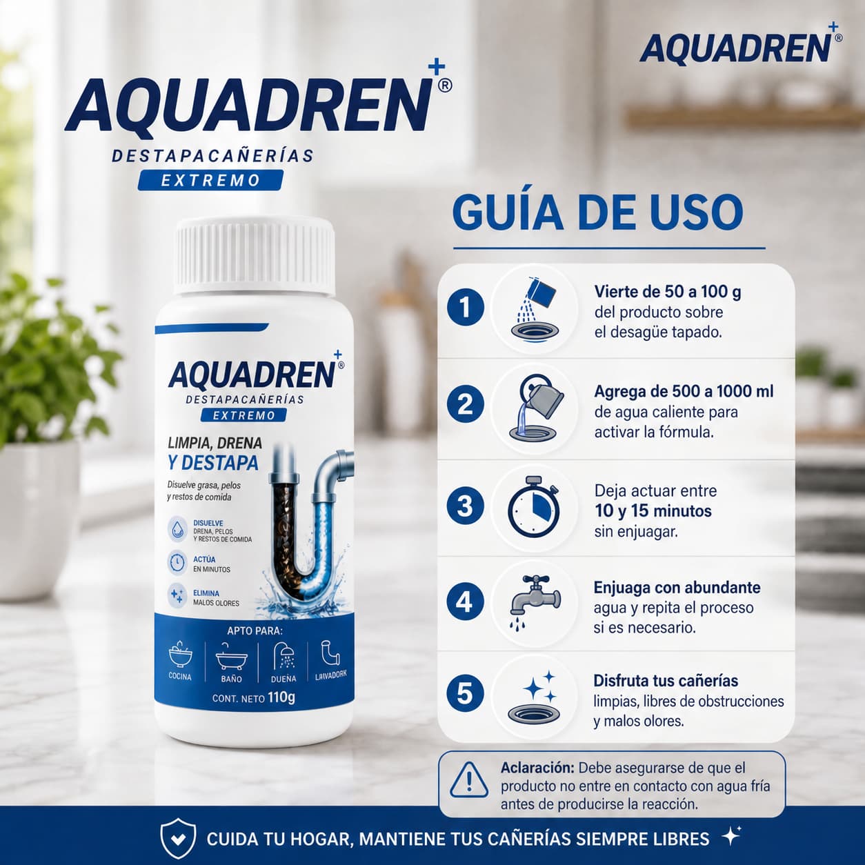 Aquadren Destapacaños -Eliminá Obstrucciones en Minutos
